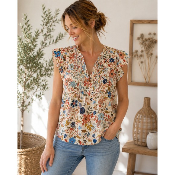 Old Navy Tops - Old Navy Womens XL Floral Sleeveless Ruffle Blouse V-Neck Cotton Rayon Top
